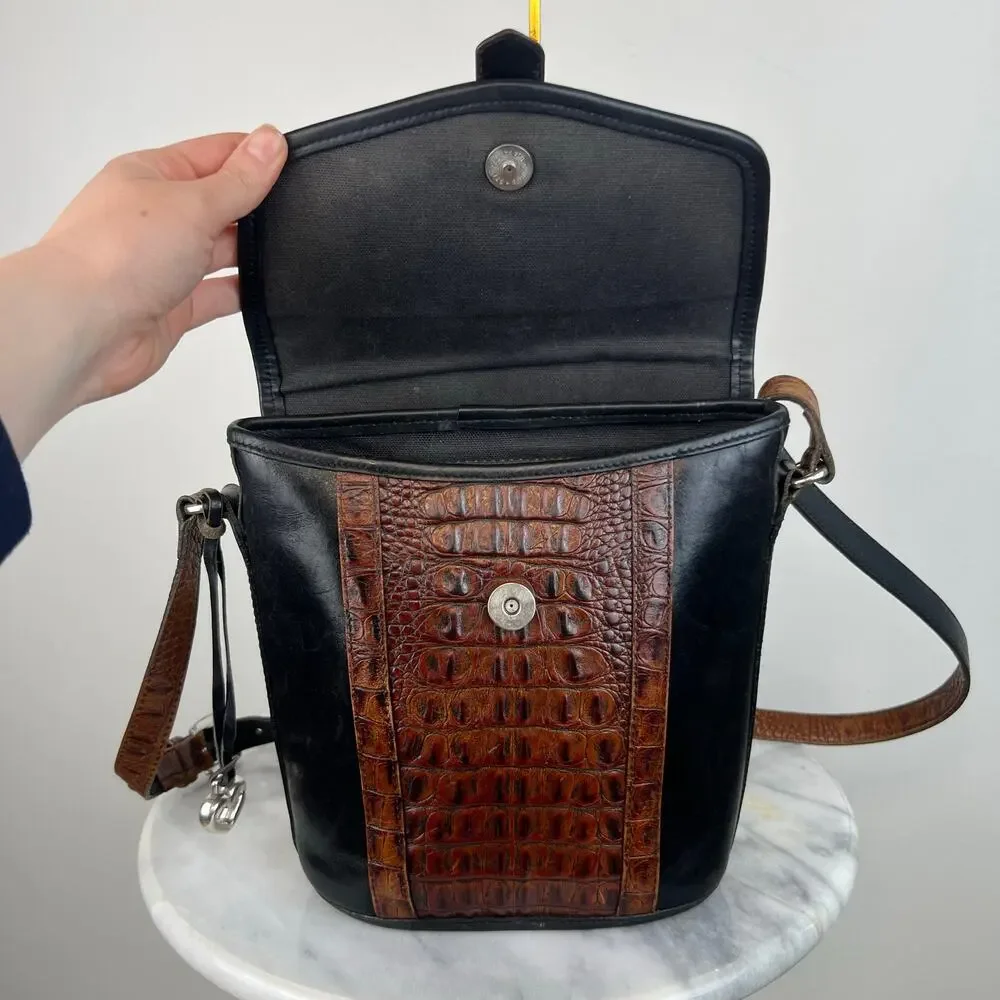 Vintage Brighton Black Leather Croc Embossed Buckle Crossbody Purse Bucket Bag